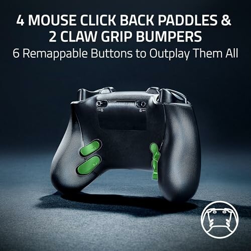 Back view of a gaming controller with green buttons and paddles.