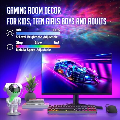 Colorful gaming room setup with adjustable brightness and nebula speed.