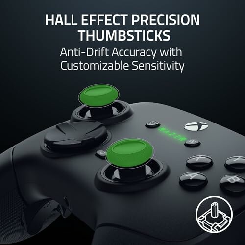 Gaming controller with hall effect precision thumbsticks, featuring anti-drift accuracy and customizable sensitivity.