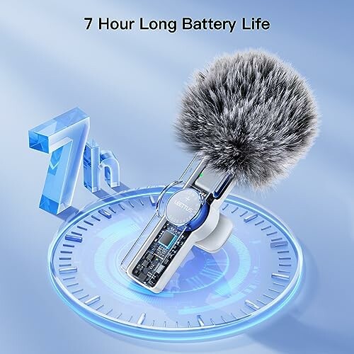 Microphone with 7-hour battery life and furry windscreen.