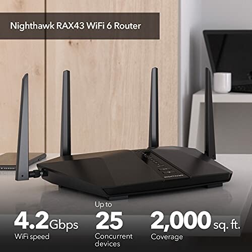 Nighthawk RAX43 WiFi 6 Router with 4.2 Gbps speed, supports up to 25 devices, 2000 sq ft coverage.