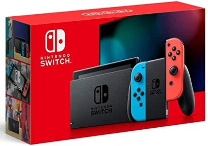 Nintendo Switch console box with red and blue Joy-Con controllers.