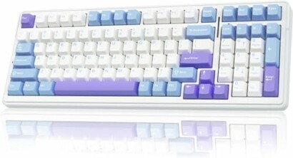 White mechanical keyboard with pastel blue and purple keys.