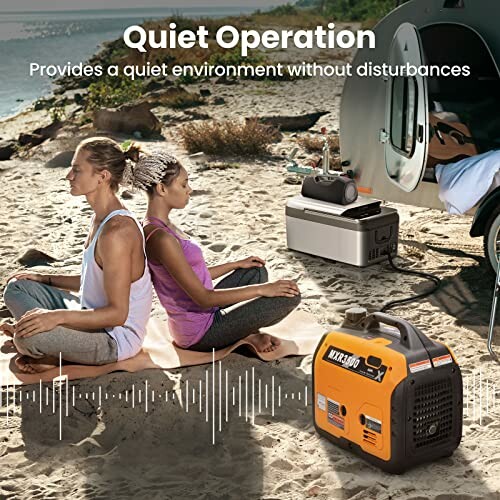 People meditating on beach with portable generator ensuring quiet operation