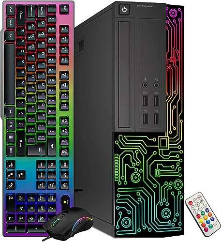 Desktop computer with RGB keyboard, mouse, and remote control.