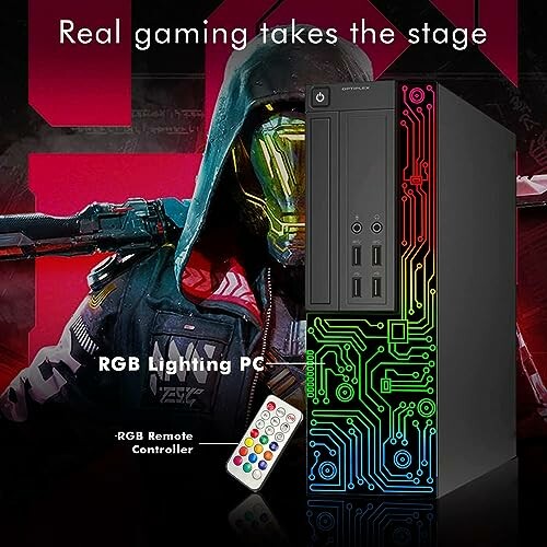 RGB lighting PC with gaming theme and remote controller.