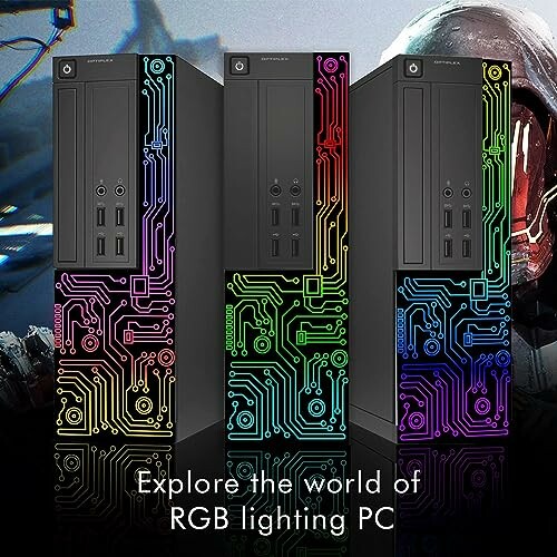 Three PC towers with RGB lighting and circuit design