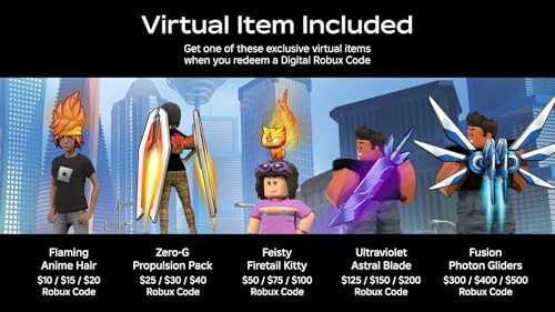 Roblox virtual items promotion with five characters and their corresponding items and prices.