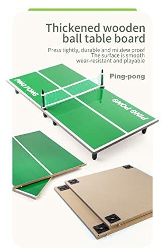 Thickened wooden ping pong table board with green surface, net, and durable design.