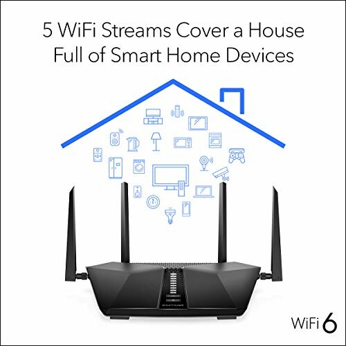 WiFi 6 router with smart home device icons and coverage text